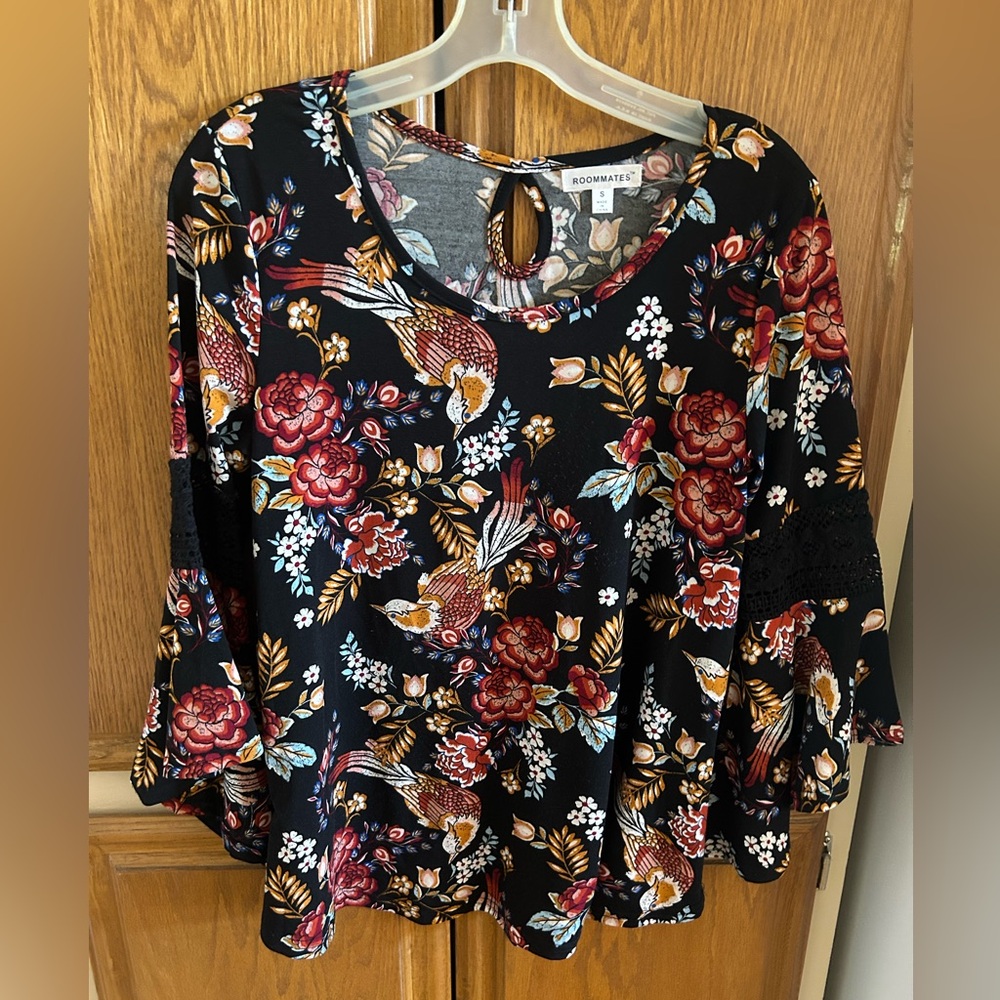Roommates Black and Pink Floral Ruffled Blouse
